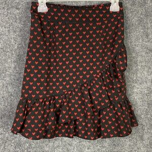 MAISON JULES Skirt Women S Black w/Red Heart Print Knee Length Cross Ruffled